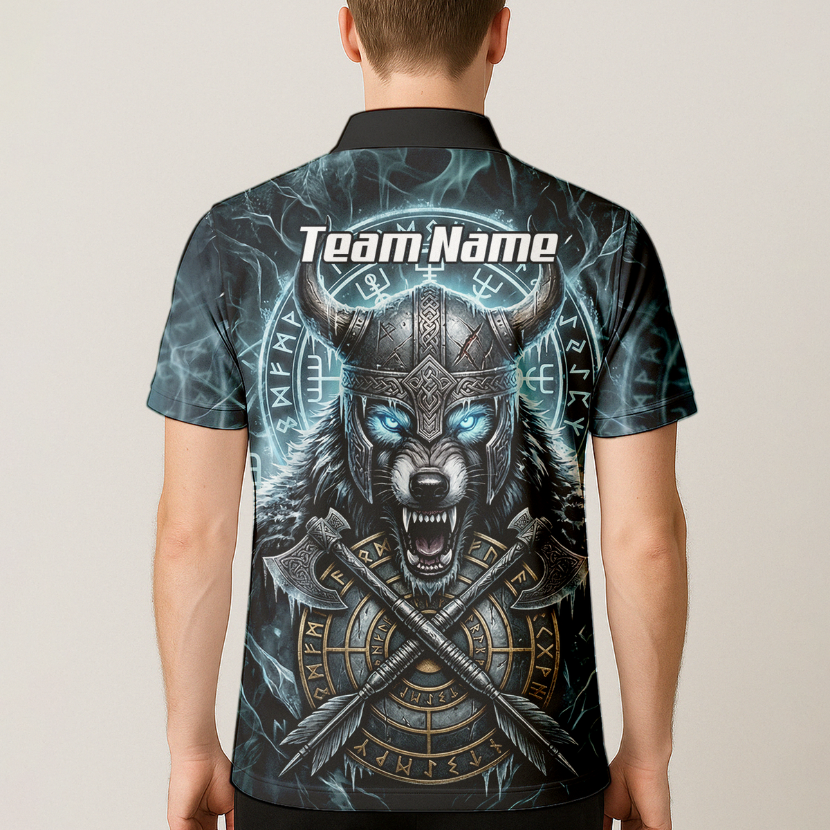 Personalised Viking Wolf Dart Jersey for Men Custom Norse Mythology Darts Polo Shirt Blue Black N8517