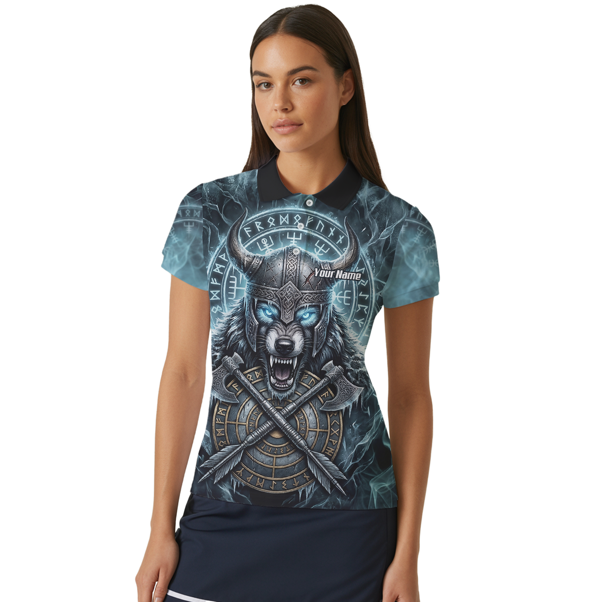Personalised Viking Wolf Dart Jersey for Women Custom Norse Mythology Darts Polo Shirt Blue Black N8517