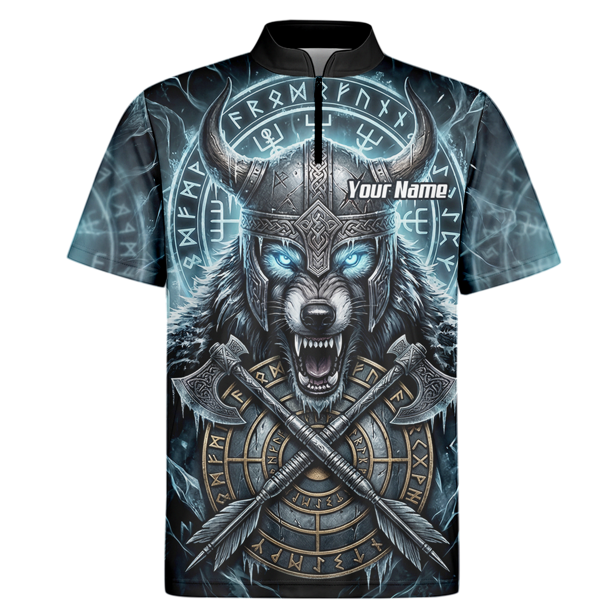 Personalised Viking Wolf Dart Jersey for Men Custom Norse Mythology Darts Polo Shirt Blue Black N8517