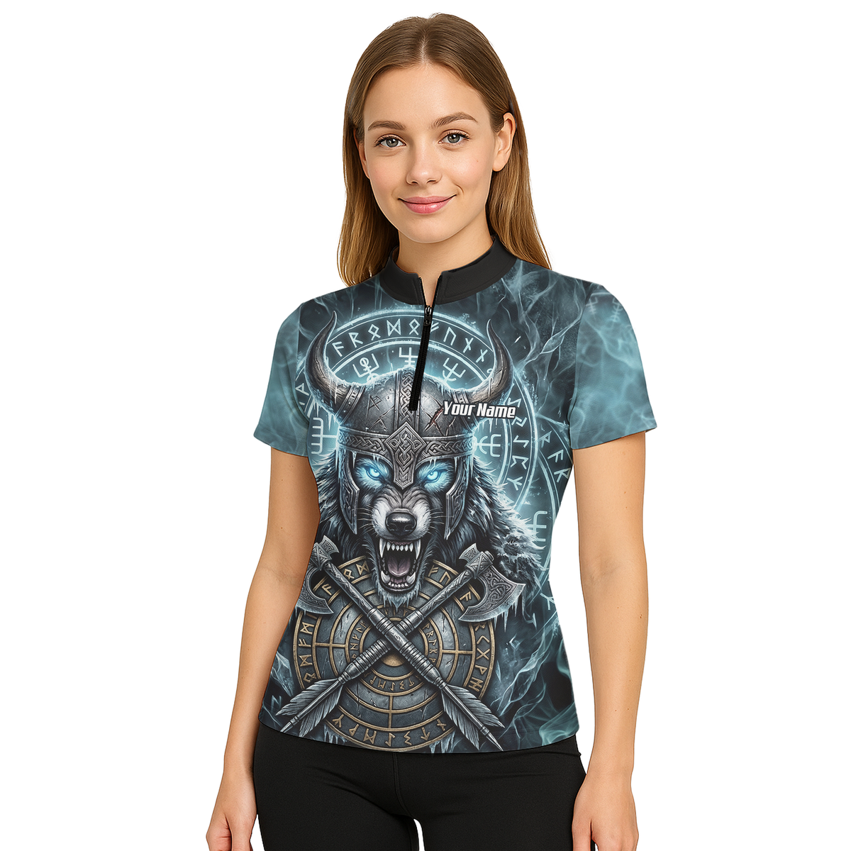 Personalised Viking Wolf Dart Jersey for Women Custom Norse Mythology Darts Polo Shirt Blue Black N8517