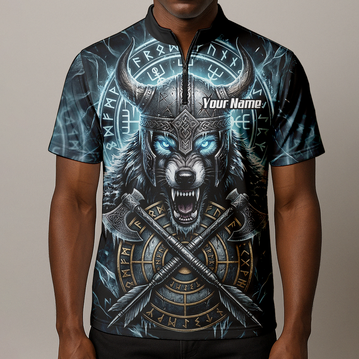 Personalised Viking Wolf Dart Jersey for Men Custom Norse Mythology Darts Polo Shirt Blue Black N8517