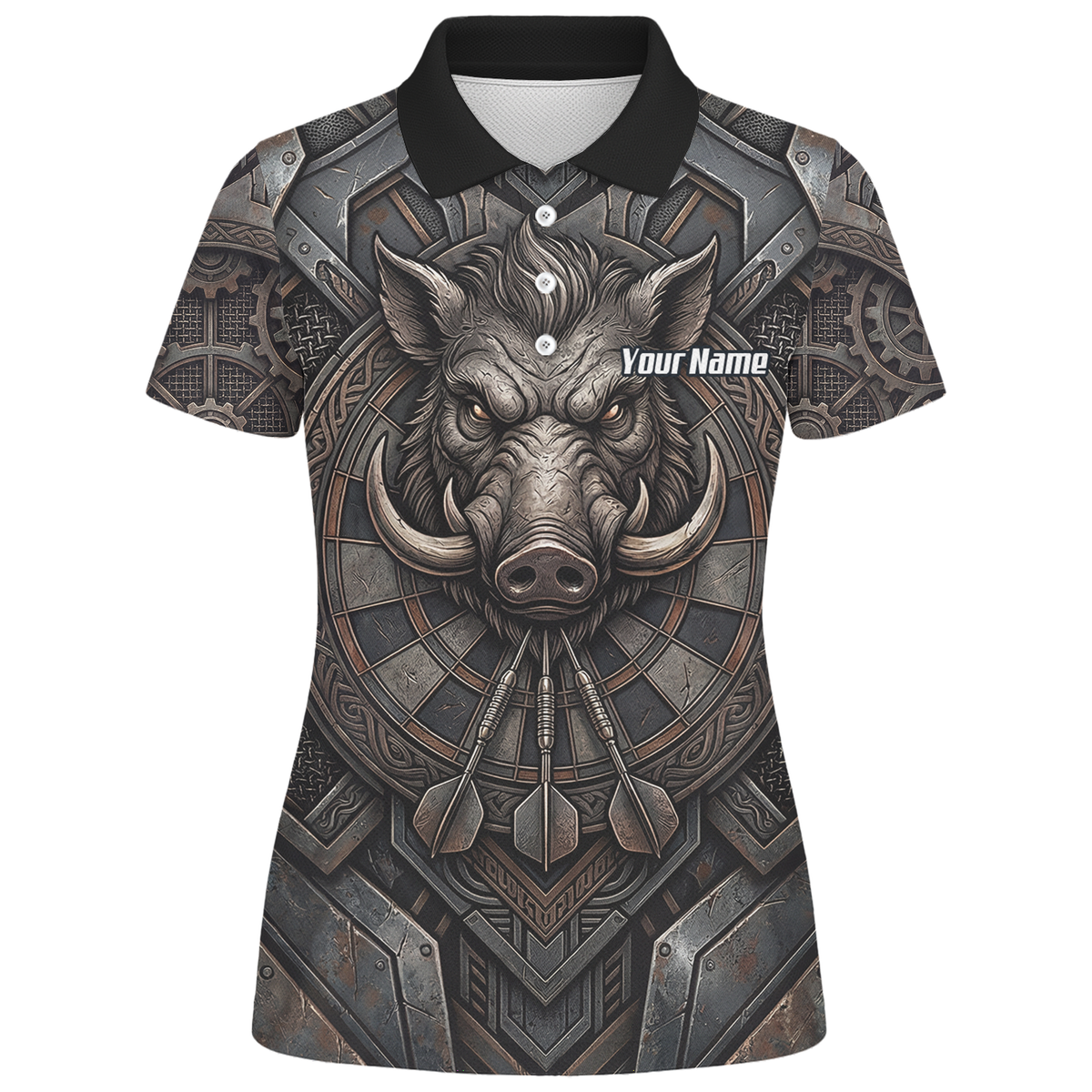 Personalised Women's Wild Boar Dart Jersey Custom Metallic Hog Design Bronze Grey Polo Dart Shirt P3000