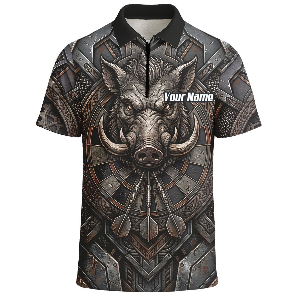 Personalised Men's Wild Boar Dart Jersey Custom Metallic Hog Design Bronze Grey Polo Dart Shirt P3000