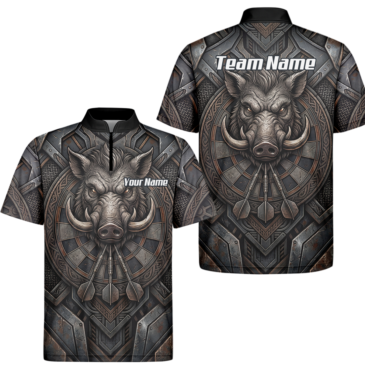 Personalised Men's Wild Boar Dart Jersey Custom Metallic Hog Design Bronze Grey Polo Dart Shirt P3000