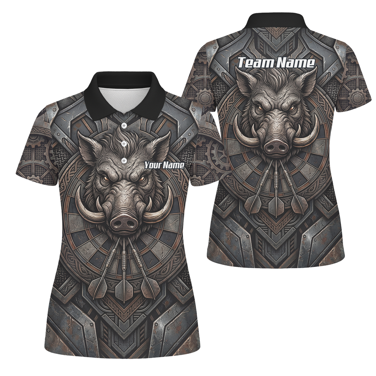 Personalised Women's Wild Boar Dart Jersey Custom Metallic Hog Design Bronze Grey Polo Dart Shirt P3000