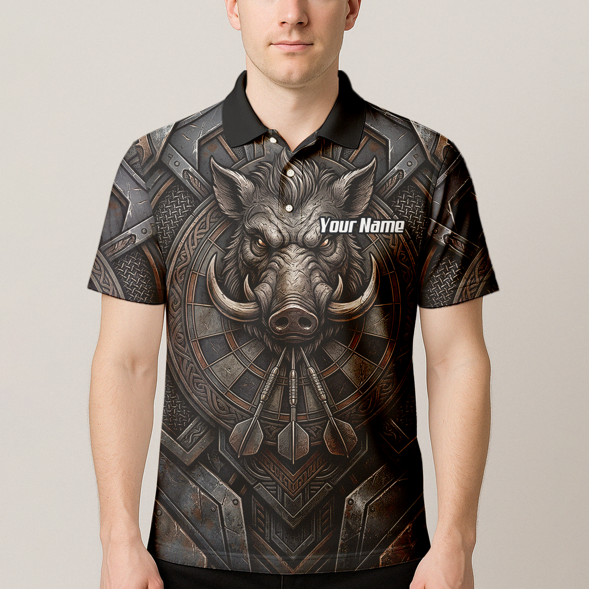 Personalised Men's Wild Boar Dart Jersey Custom Metallic Hog Design Bronze Grey Polo Dart Shirt P3000
