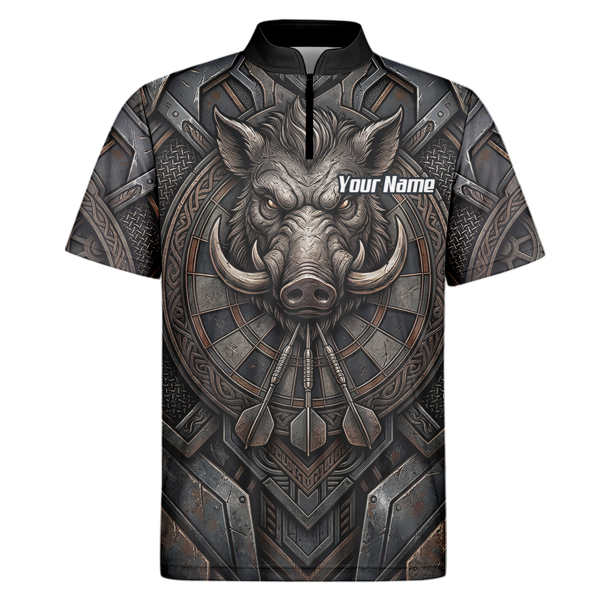 Personalised Men's Wild Boar Dart Jersey Custom Metallic Hog Design Bronze Grey Polo Dart Shirt P3000