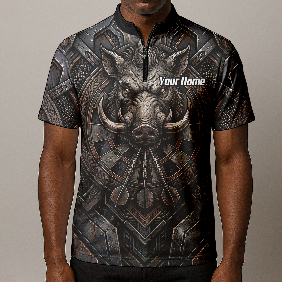 Personalised Men's Wild Boar Dart Jersey Custom Metallic Hog Design Bronze Grey Polo Dart Shirt P3000