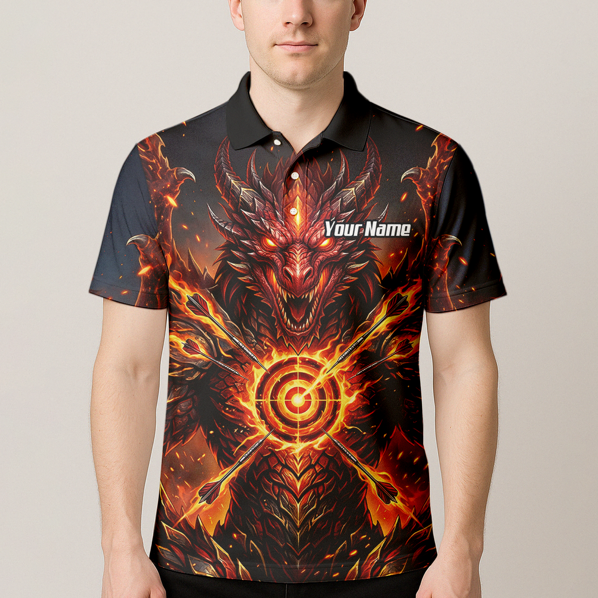 Personalised Fire Dragon Dart Jersey for Men Custom Red Flame Polo Shirt P4508