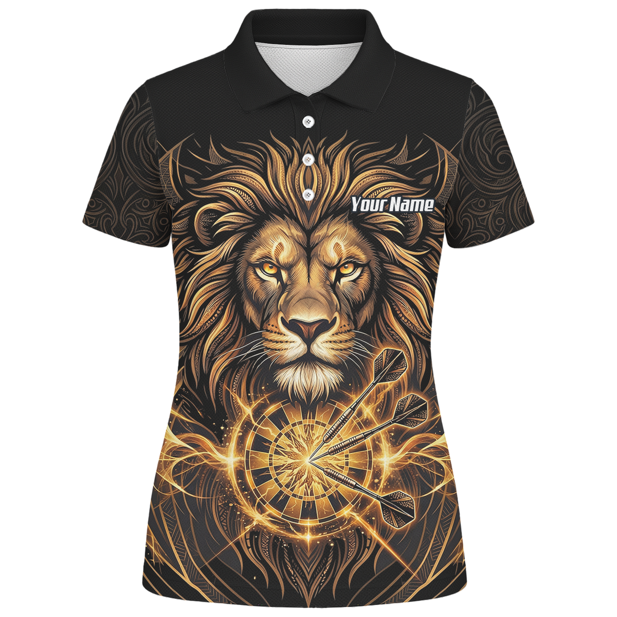 Personalised Golden Lion Dart Jersey For Women Black Gold Custom Polo Dart Shirt P5667