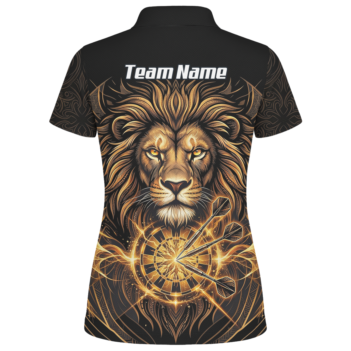 Personalised Golden Lion Dart Jersey For Women Black Gold Custom Polo Dart Shirt P5667