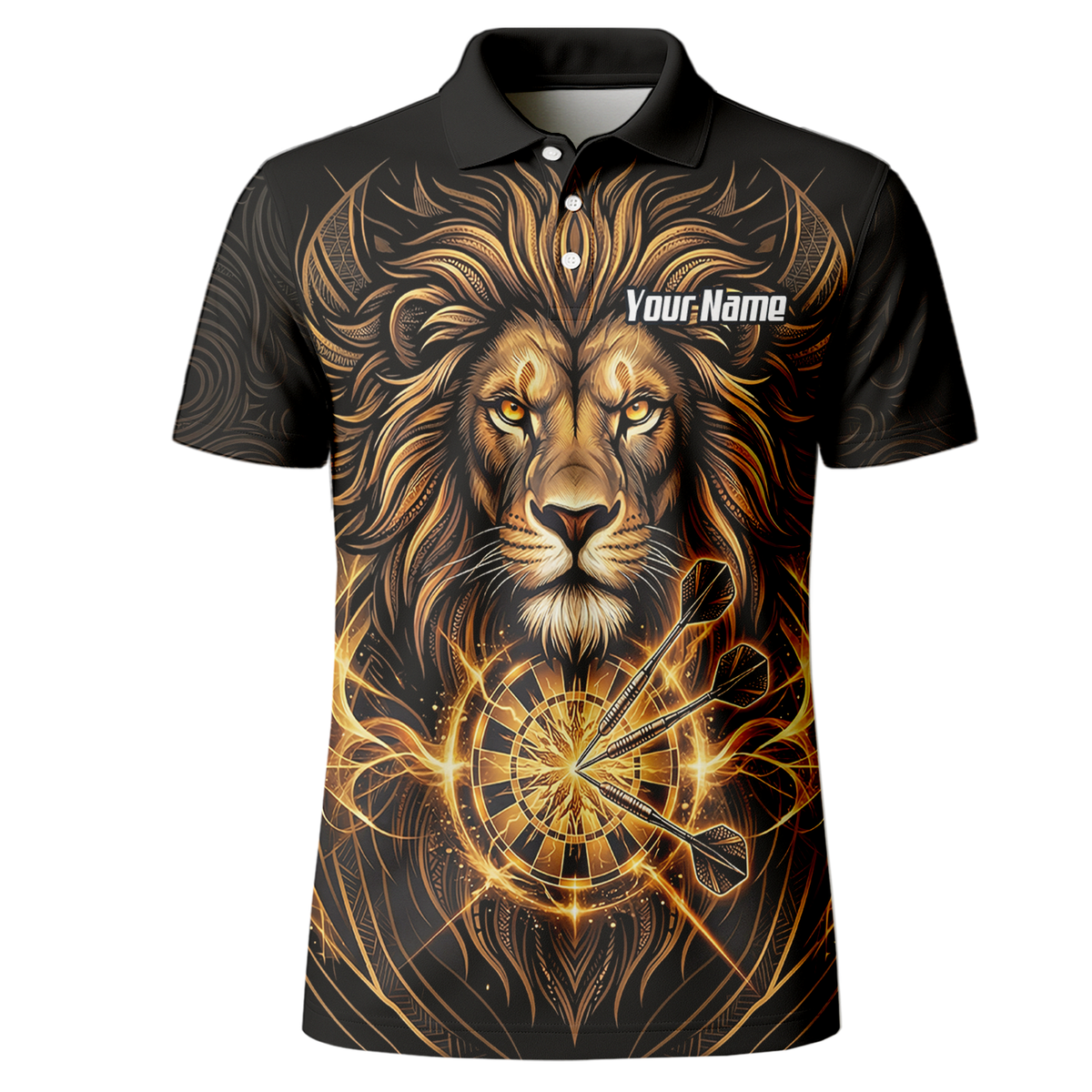 Personalised Golden Lion Dart Jersey For Men Black Gold Custom Polo Dart Shirt P5667