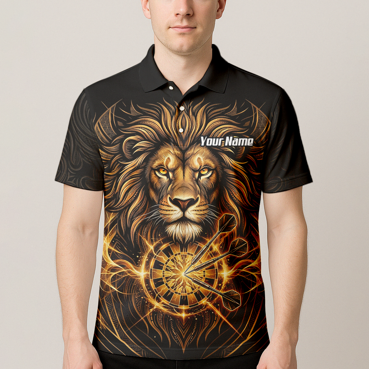 Personalised Golden Lion Dart Jersey For Men Black Gold Custom Polo Dart Shirt P5667