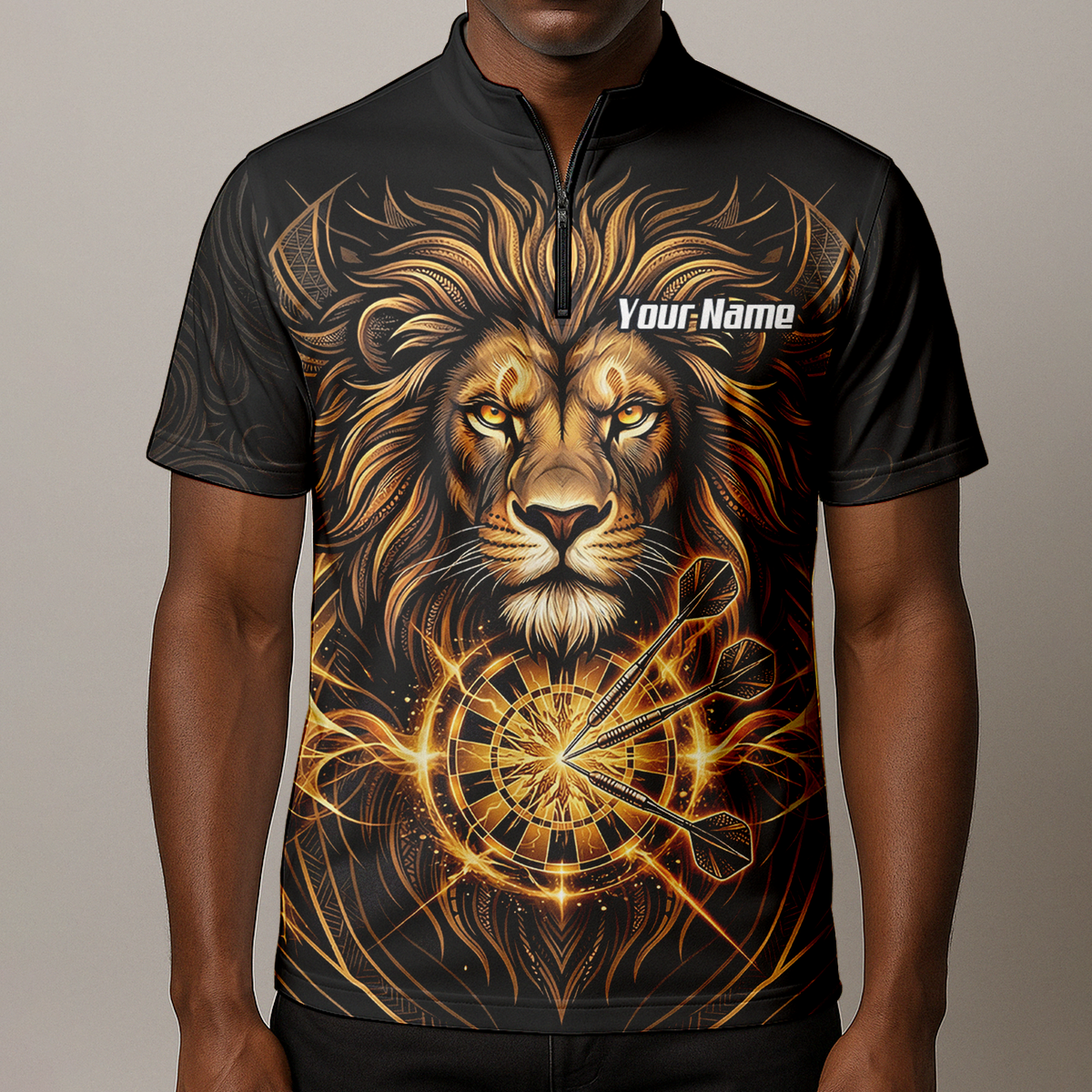 Personalised Golden Lion Dart Jersey For Men Black Gold Custom Polo Dart Shirt P5667
