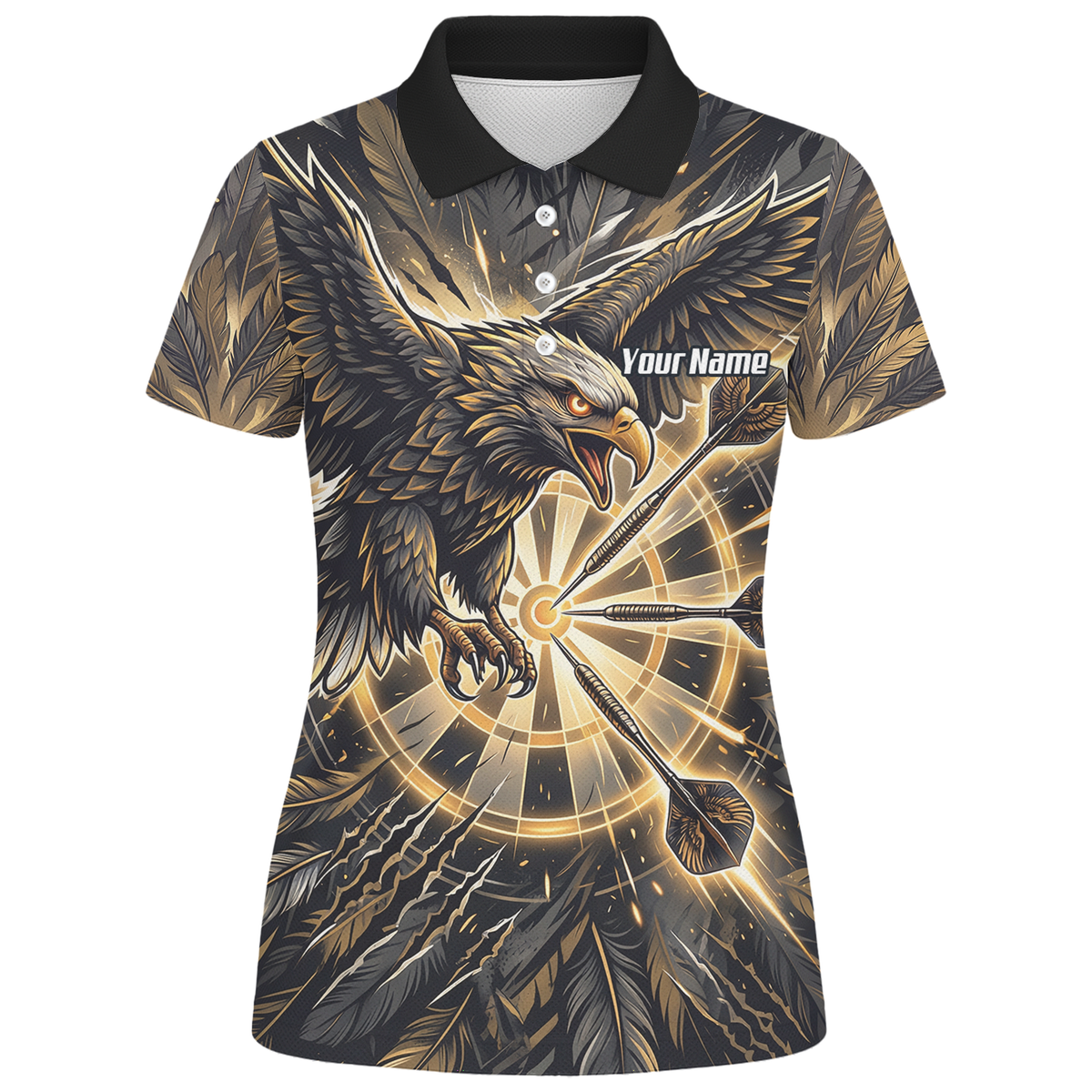 Personalised Women's Eagle Dart Jersey Custom Name & Team Darts Polo Shirt Black Gold P9080
