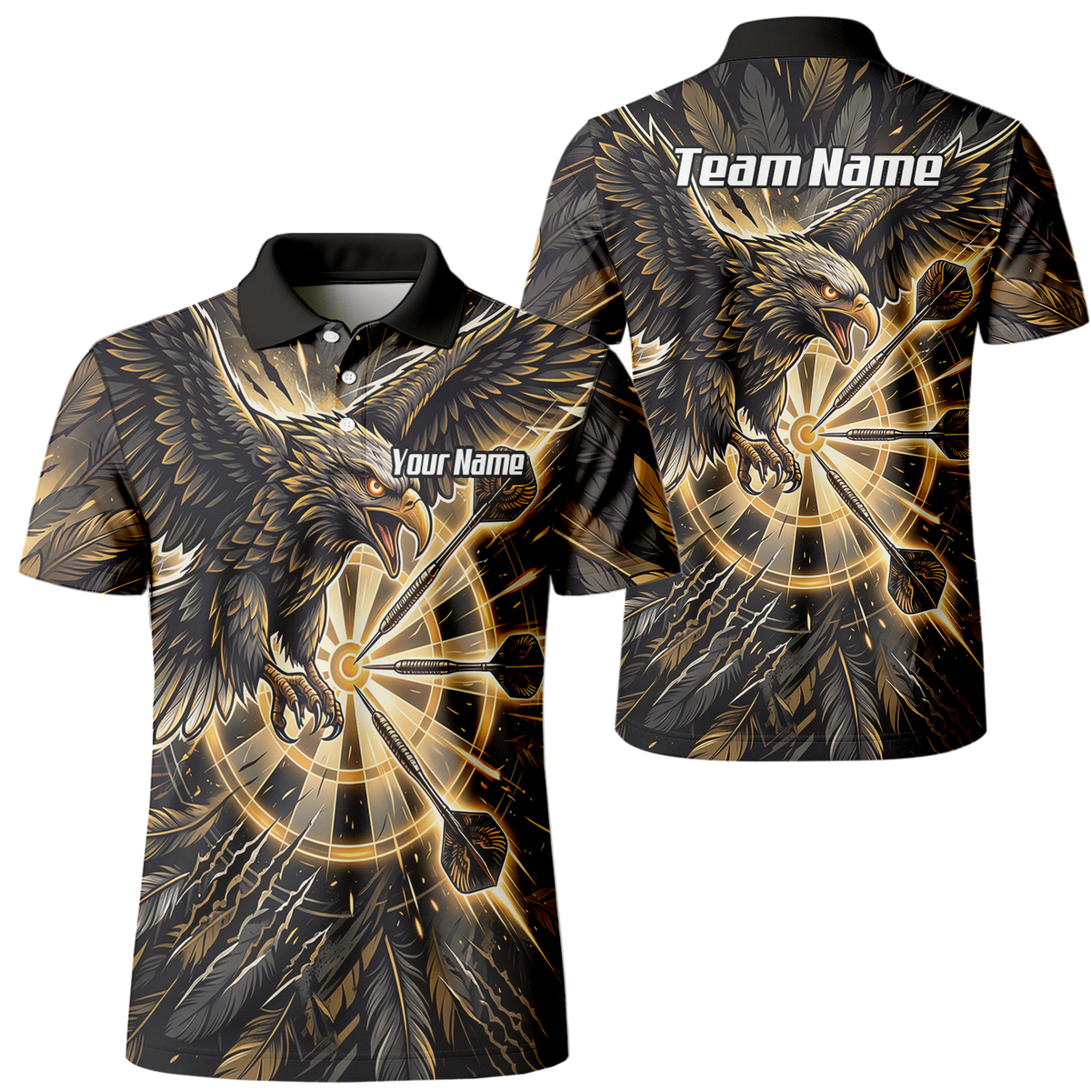 Personalised Men's Eagle Dart Jersey Custom Name & Team Darts Polo Shirt Black Gold P9080