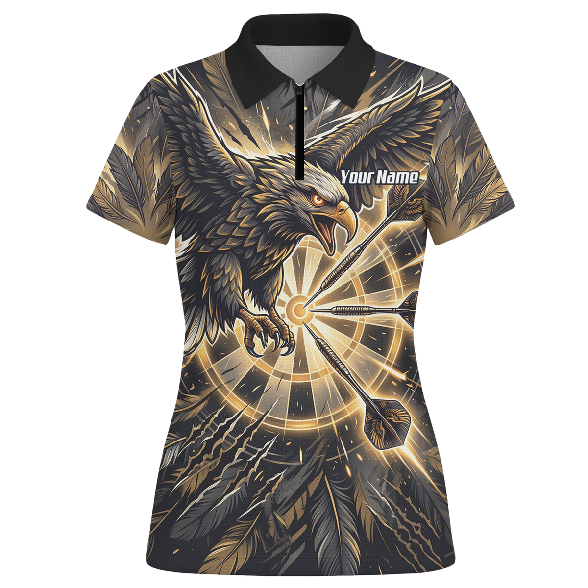 Personalised Women's Eagle Dart Jersey Custom Name & Team Darts Polo Shirt Black Gold P9080