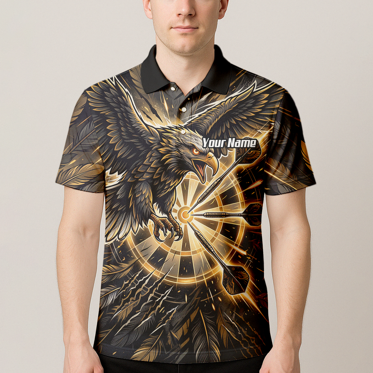 Personalised Men's Eagle Dart Jersey Custom Name & Team Darts Polo Shirt Black Gold P9080