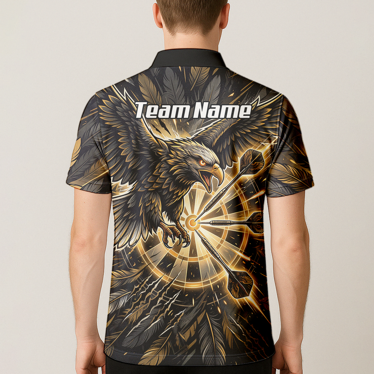 Personalised Men's Eagle Dart Jersey Custom Name & Team Darts Polo Shirt Black Gold P9080
