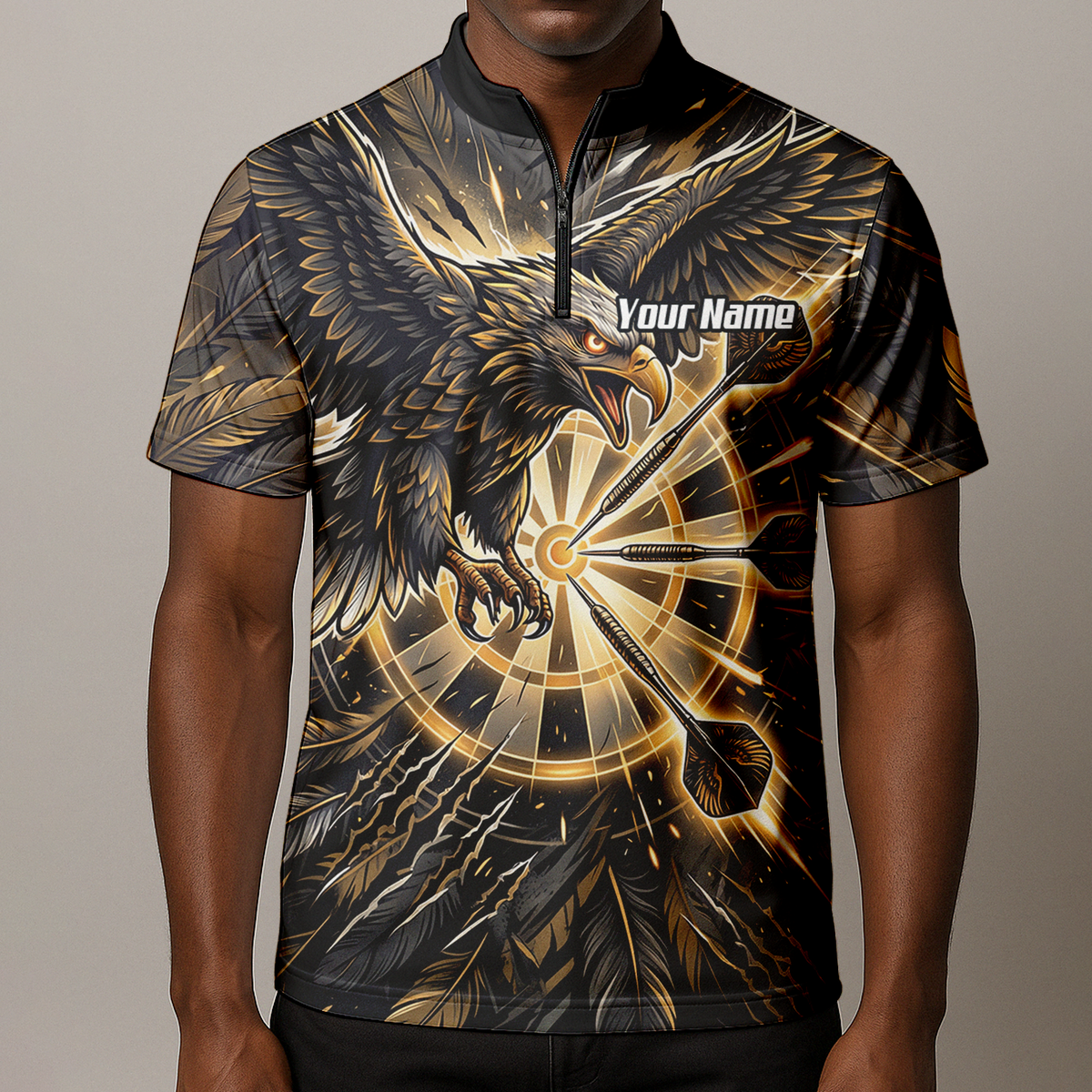 Personalised Men's Eagle Dart Jersey Custom Name & Team Darts Polo Shirt Black Gold P9080