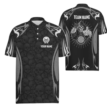 Zwartgrijs Skull Reaper Darts-poloshirt - Scary Darts-shirt voor heren T6890