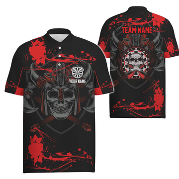 Custom Red Men's Polo Shirt with Warrior Skull Design for Darts, Spooky Dart Shirt for Men, Dart Jerseys G148