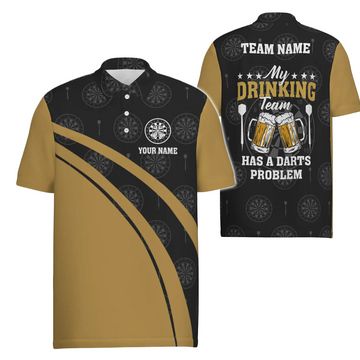 Zwart en geel herenpoloshirt voor mijn drinkteam met bierpijltjes - gepersonaliseerd dartshirt voor heren (maat J499)