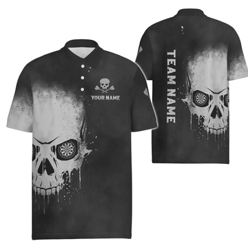 Black and White Men's Darts Polo Shirt with Smoky Skull Design - Dart Shirt for Men - Spooky Dart Jerseys S589