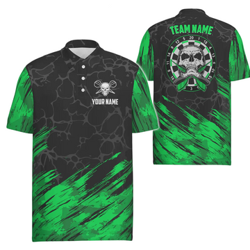 Gepersonaliseerde 3D Heren Skull Darts Poloshirt - Groen/Zwart - Dartshirts voor Heren t6853