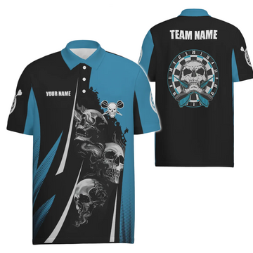 Skull Design Darts Polo Shirt - Black-Blue - Dart Jersey for Men J898