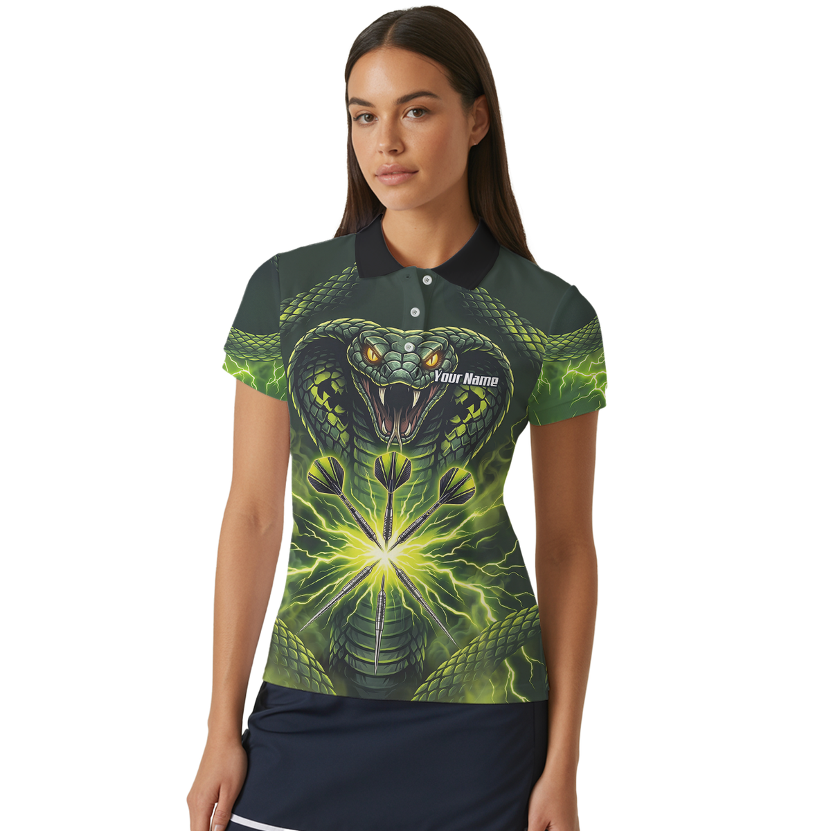 Personalised Green Cobra Snake Dart Jersey for Women Custom Lightning Graphic Dart Polo Shirt Q1658