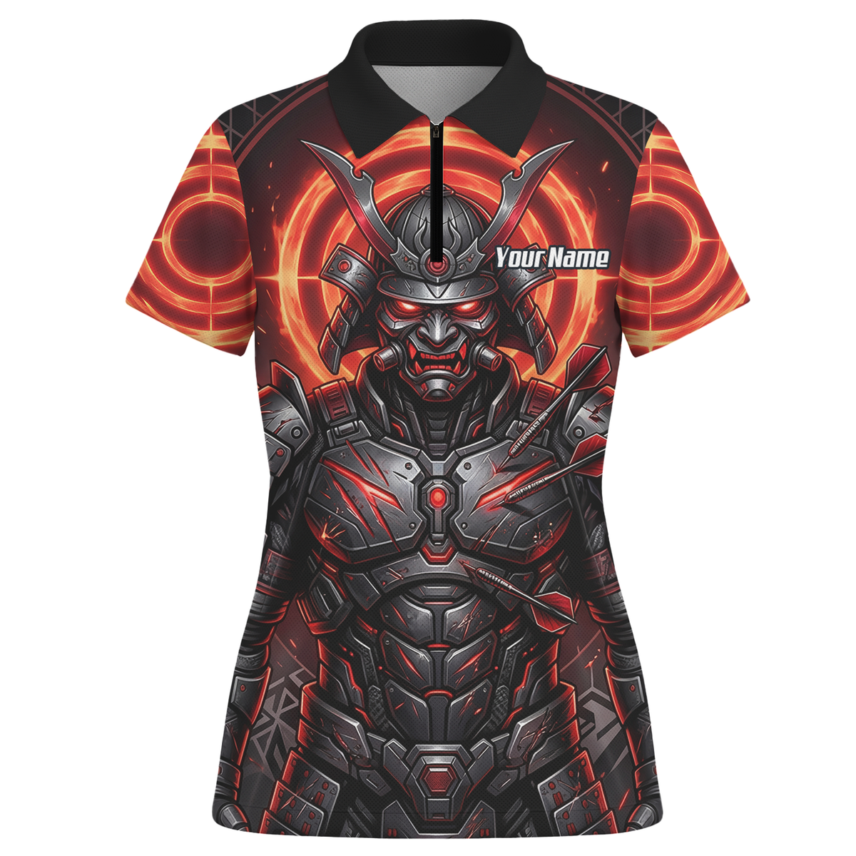 Personalised Samurai Dart Jersey for Women, Custom Red and Black Cyberpunk Darts Shirt, Darts Polo with Name R5691