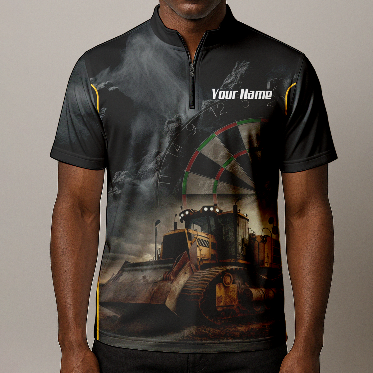 Personalised Bulldozer Dart Jersey Polo and Zipper For Men Custom Construction Design Black Yellow T4397