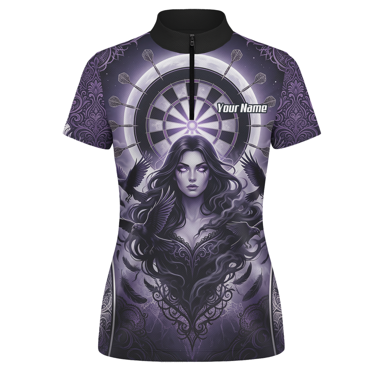 Personalised Purple Gothic Goddess Dart Jersey For Women Custom Raven Crow Dart Shirt Polo Zipper T5505