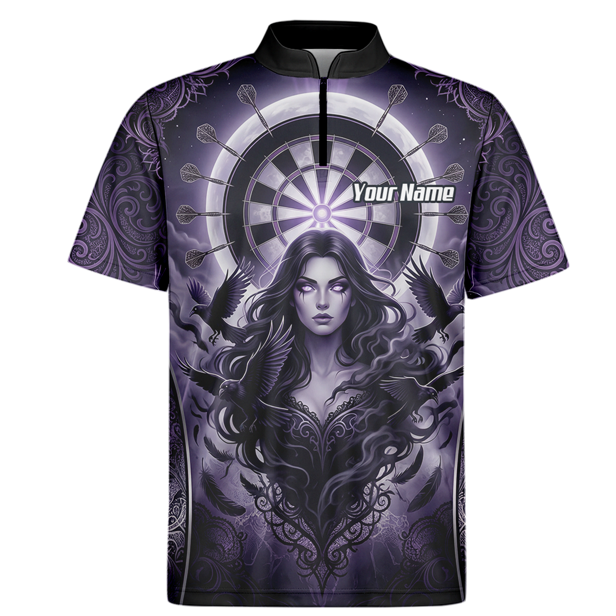 Personalised Purple Gothic Goddess Dart Jersey For Men Custom Raven Crow Dart Shirt Polo Zipper T5505