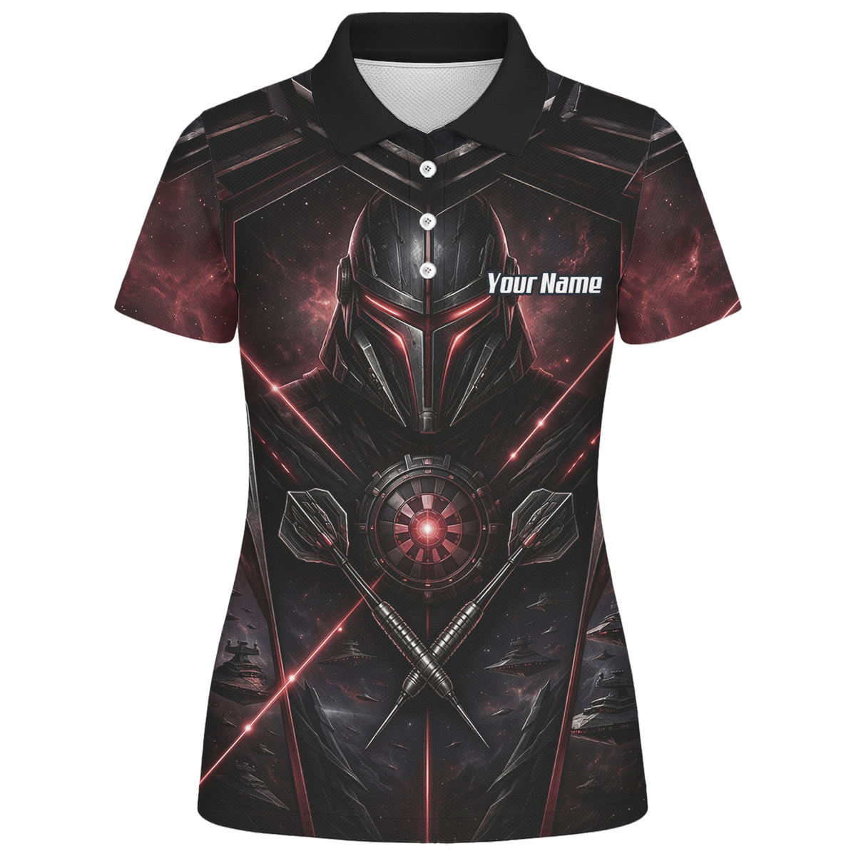 Personalised Galactic Warrior Dart Jersey Women's Custom Darts Shirt Black Red Sci-Fi Cyber Knight Polo V9187