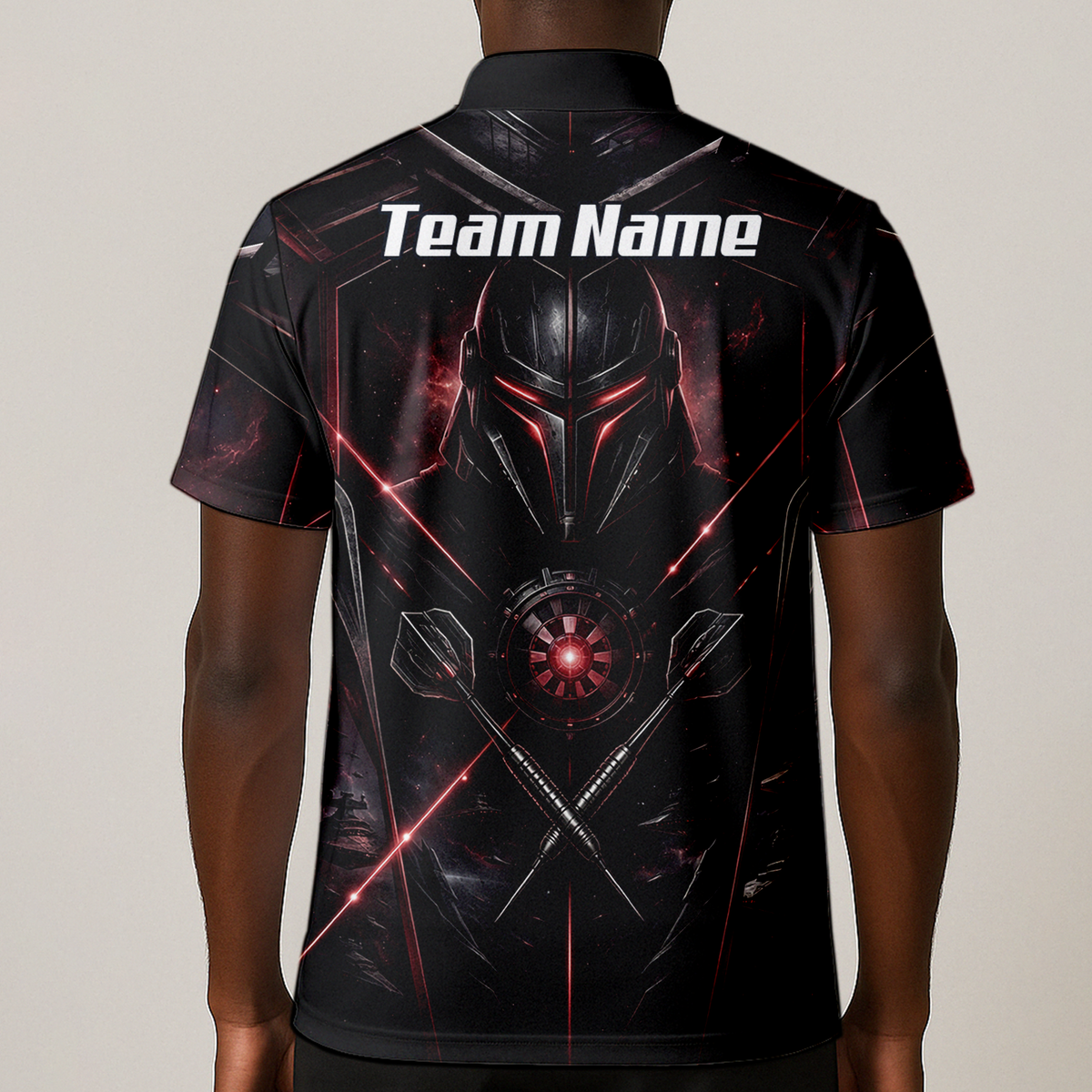 Personalised Galactic Warrior Dart Jersey Men's Custom Darts Shirt Black Red Sci-Fi Cyber Knight Polo V9187