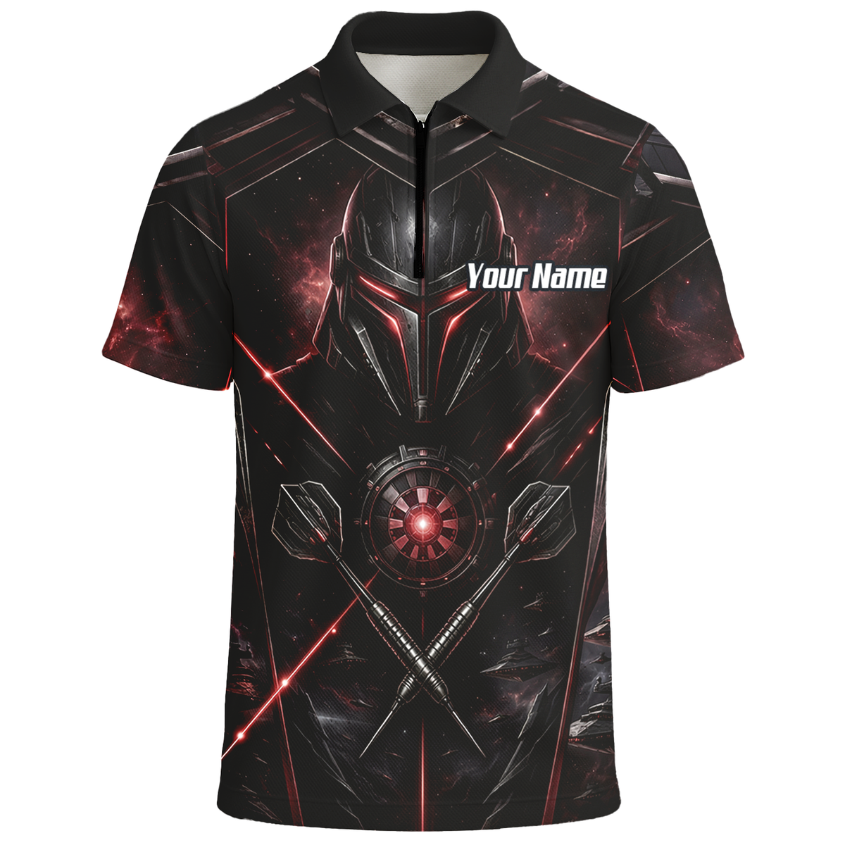 Personalised Galactic Warrior Dart Jersey Men's Custom Darts Shirt Black Red Sci-Fi Cyber Knight Polo V9187