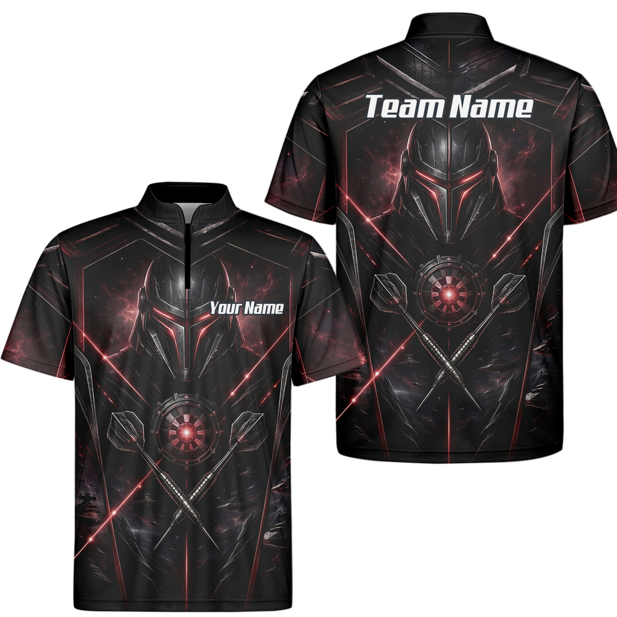 Personalised Galactic Warrior Dart Jersey Men's Custom Darts Shirt Black Red Sci-Fi Cyber Knight Polo V9187