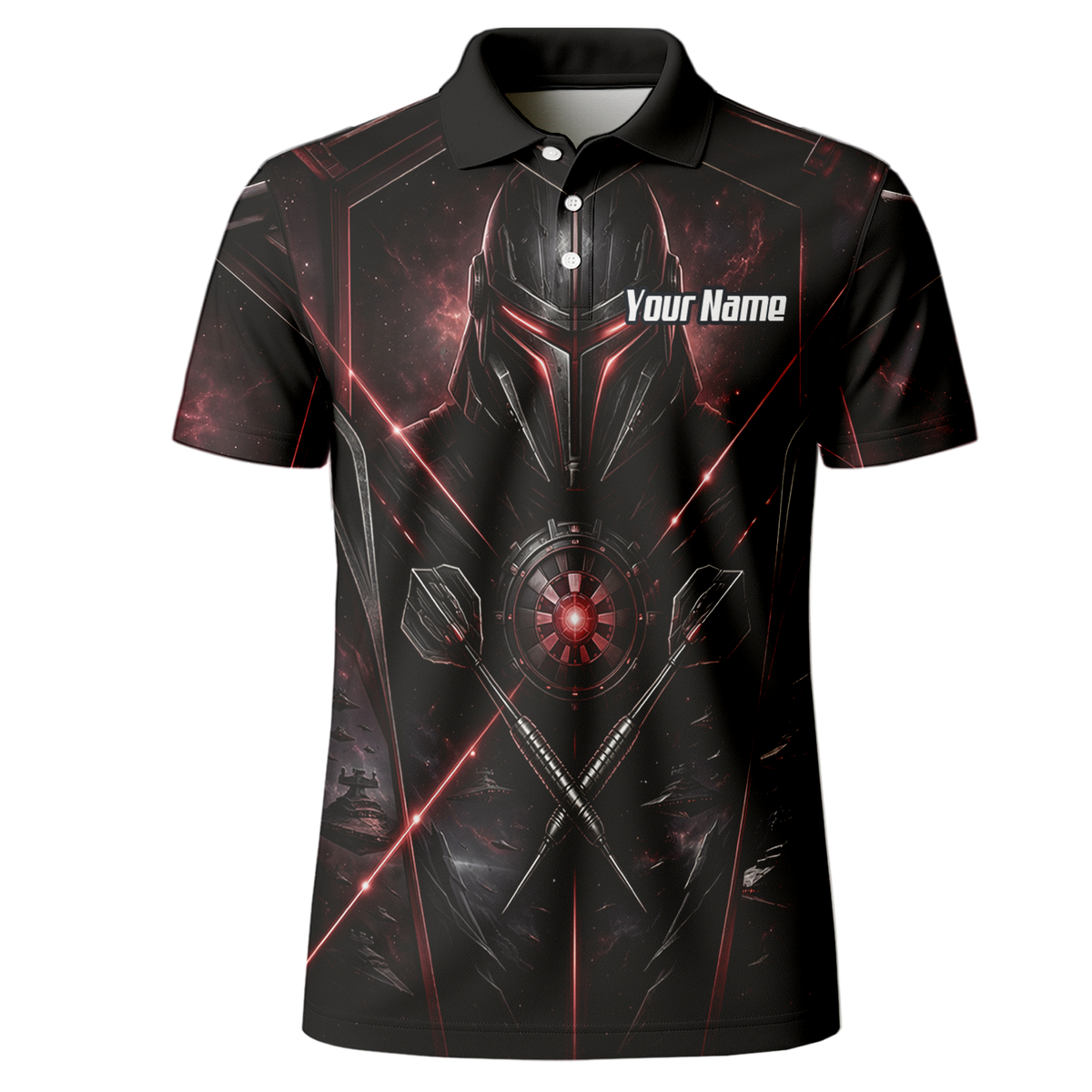 Personalised Galactic Warrior Dart Jersey Men's Custom Darts Shirt Black Red Sci-Fi Cyber Knight Polo V9187
