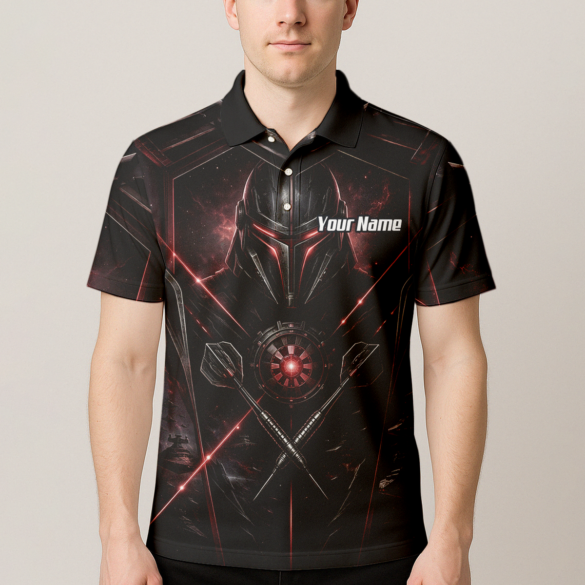 Personalised Galactic Warrior Dart Jersey Men's Custom Darts Shirt Black Red Sci-Fi Cyber Knight Polo V9187