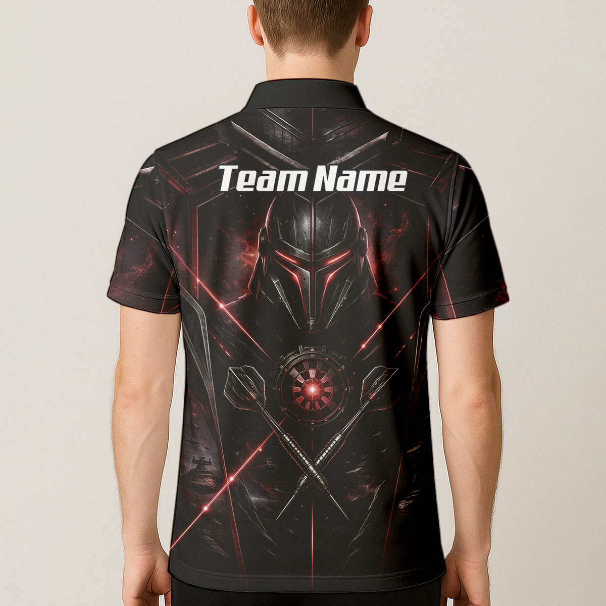 Personalised Galactic Warrior Dart Jersey Men's Custom Darts Shirt Black Red Sci-Fi Cyber Knight Polo V9187
