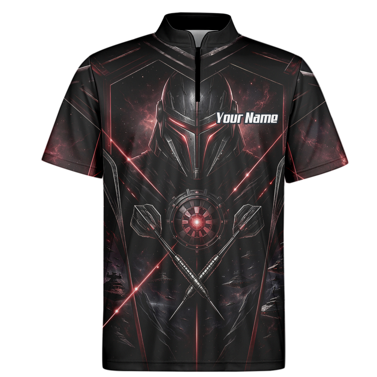 Personalised Galactic Warrior Dart Jersey Men's Custom Darts Shirt Black Red Sci-Fi Cyber Knight Polo V9187