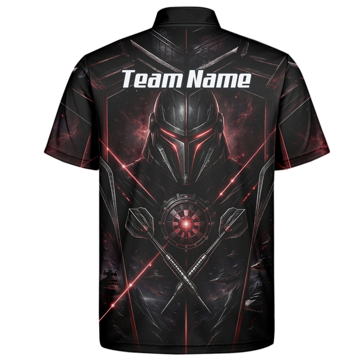 Personalised Galactic Warrior Dart Jersey Men's Custom Darts Shirt Black Red Sci-Fi Cyber Knight Polo V9187
