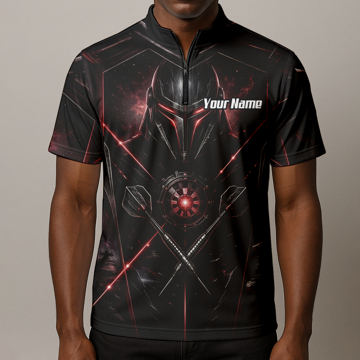 Personalised Galactic Warrior Dart Jersey Men's Custom Darts Shirt Black Red Sci-Fi Cyber Knight Polo V9187