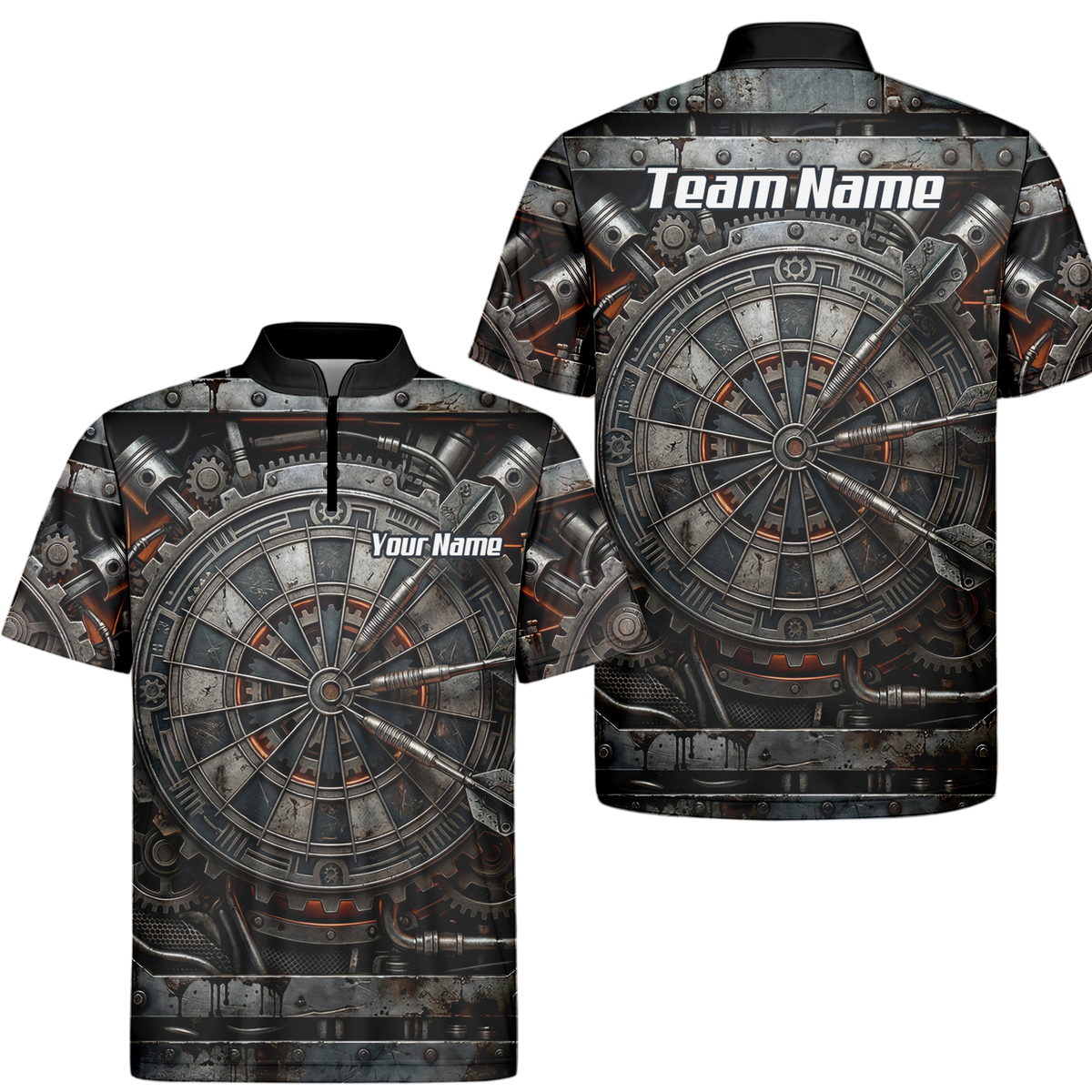 Personalised Men's Mechanical Industrial Gear Dart Jersey Custom Name Team Polo Shirt Grey Black W2120