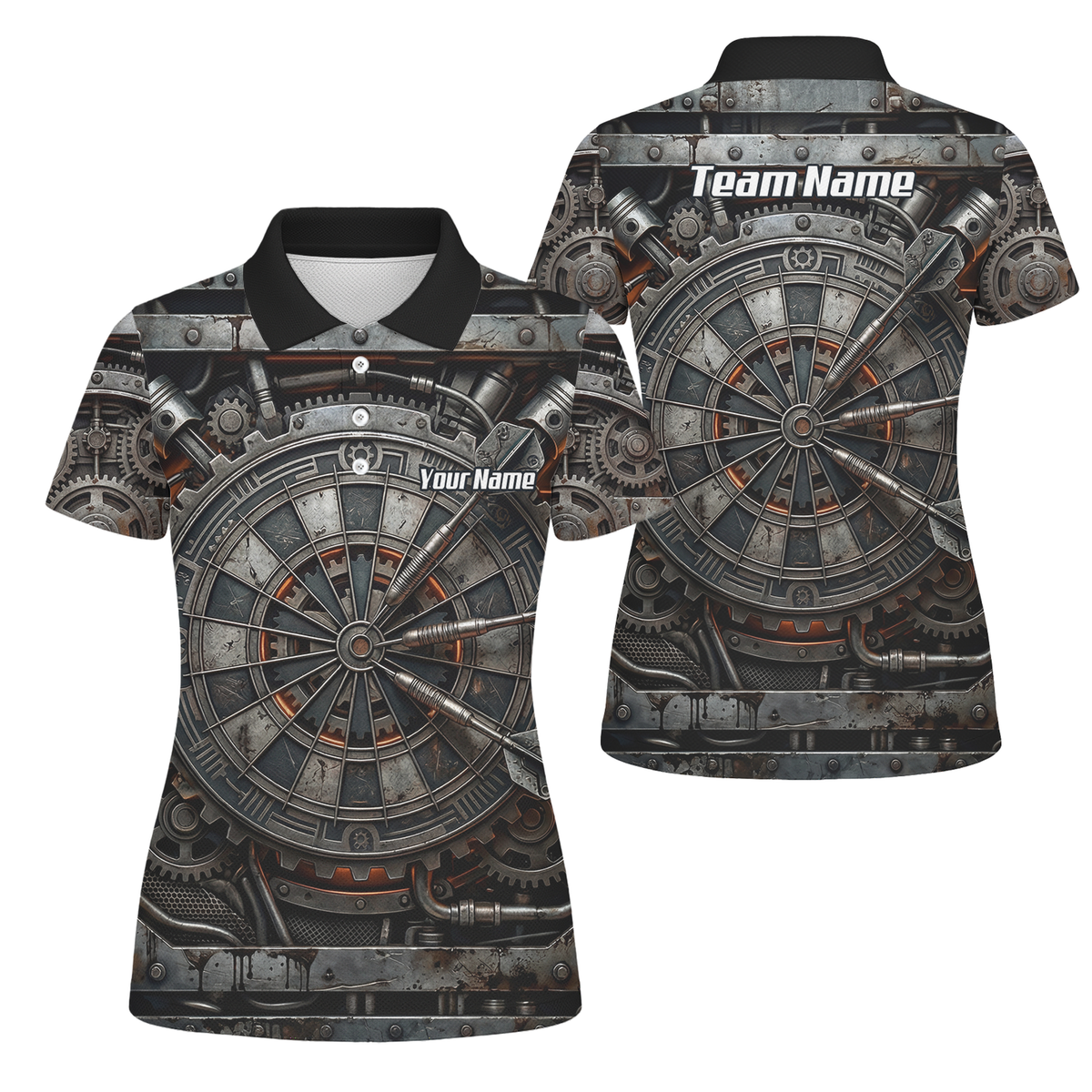 Personalised Women's Mechanical Industrial Gear Dart Jersey Custom Name Team Polo Shirt Grey Black W2120