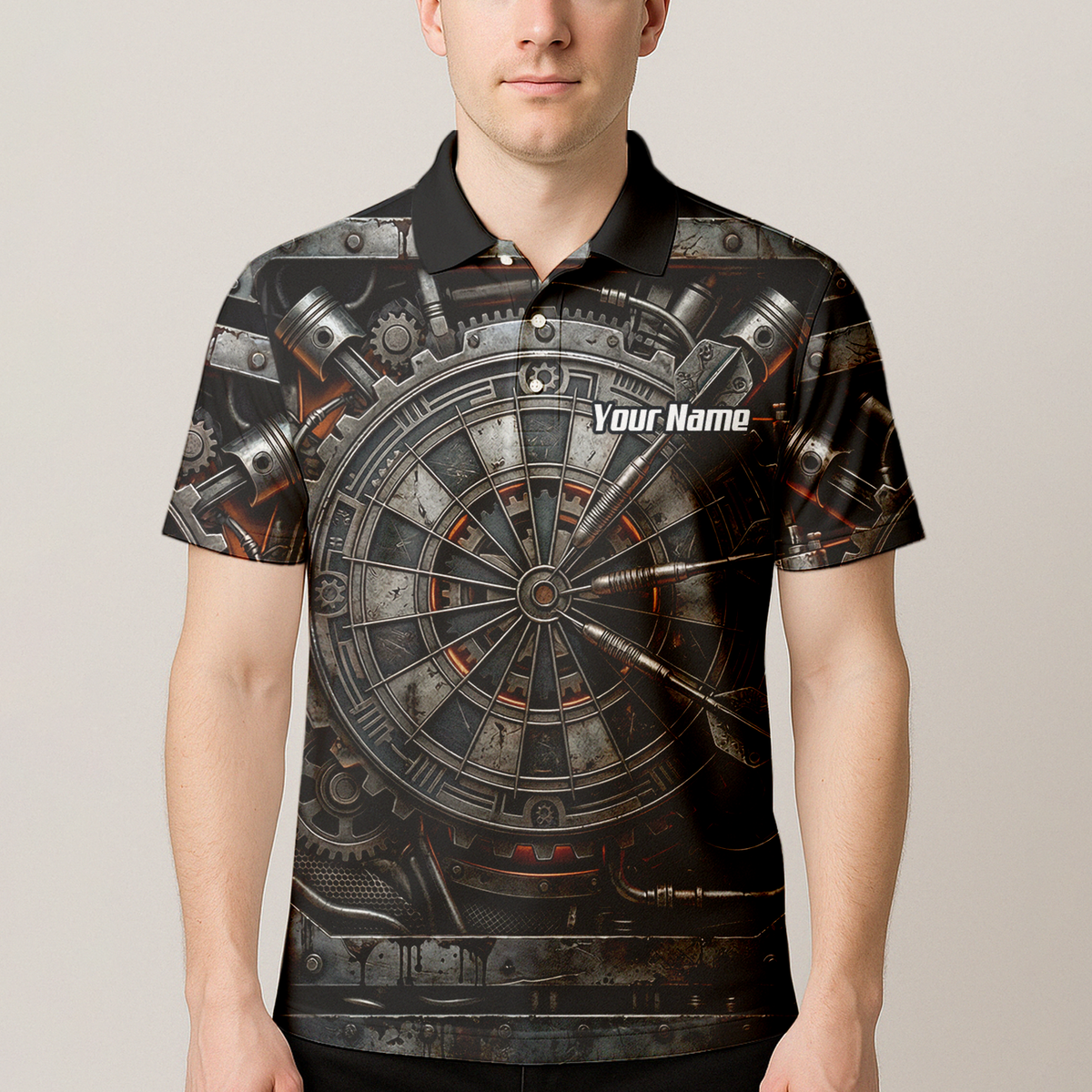 Personalised Men's Mechanical Industrial Gear Dart Jersey Custom Name Team Polo Shirt Grey Black W2120