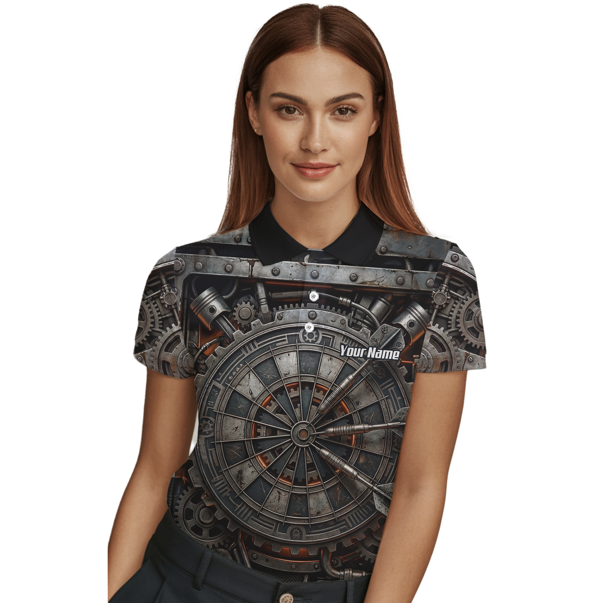 Personalised Women's Mechanical Industrial Gear Dart Jersey Custom Name Team Polo Shirt Grey Black W2120