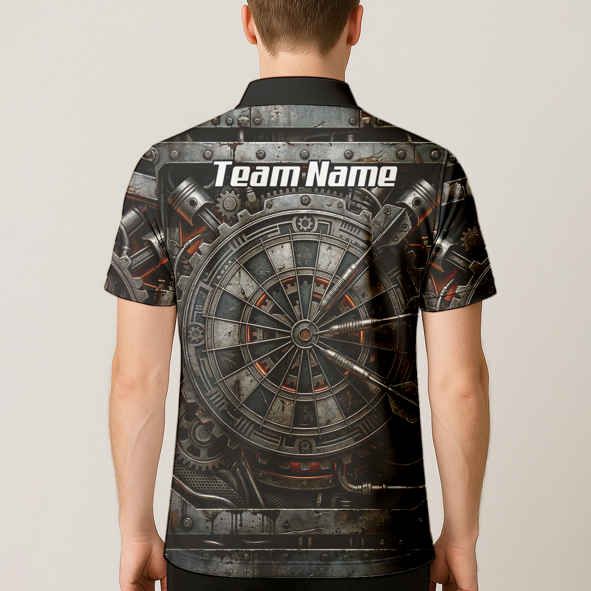 Personalised Men's Mechanical Industrial Gear Dart Jersey Custom Name Team Polo Shirt Grey Black W2120